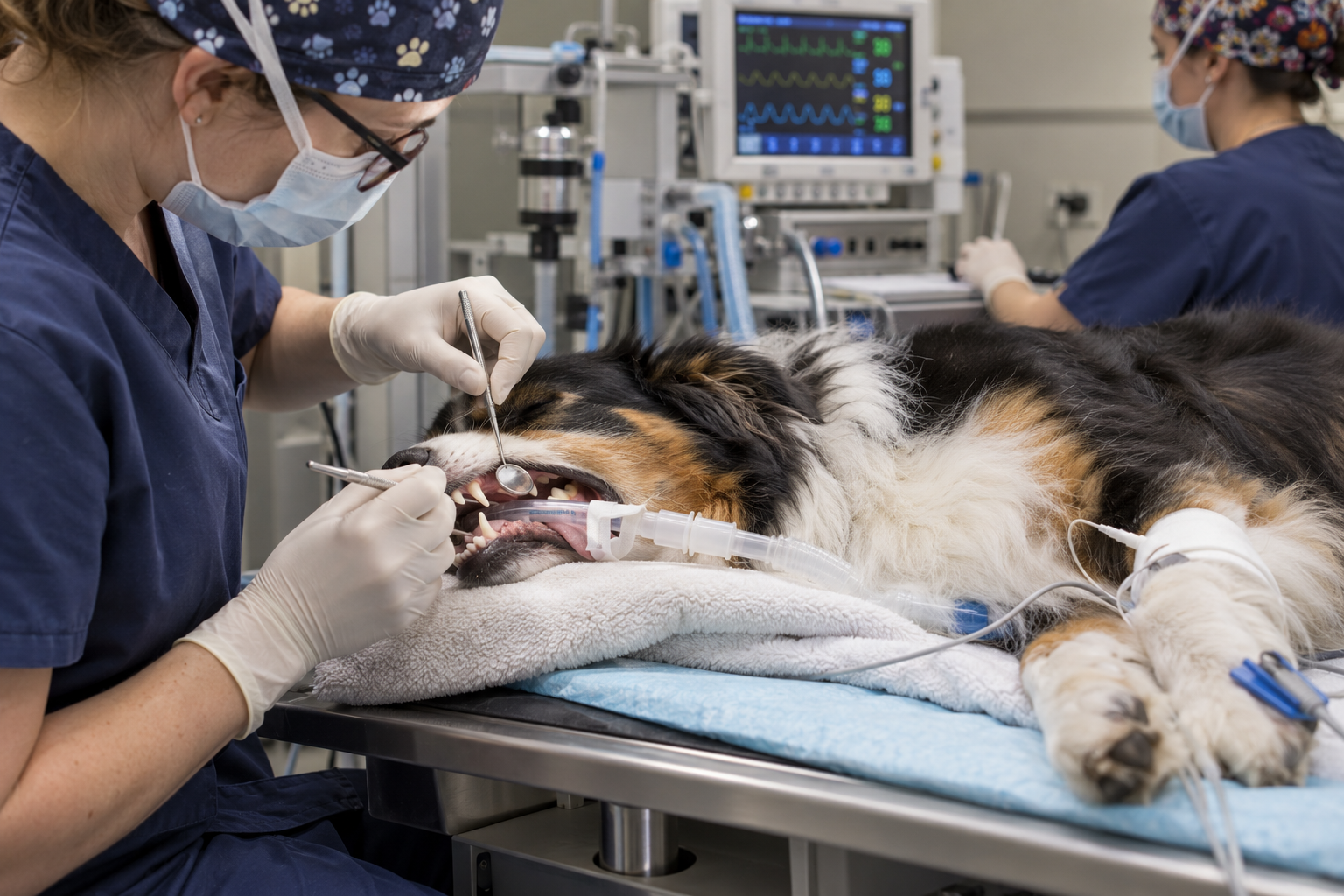 Veterinár vykonáva odborné dentálne vyšetrenie psa v anestézii